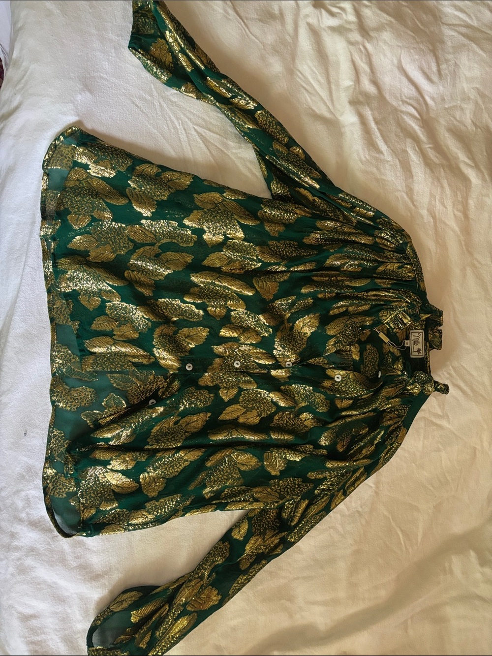 Metallic Gold Leaf Print Green Button-Down Blouse